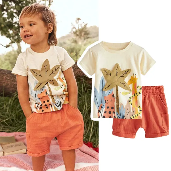 【2Y-10Y】2-piece Boys Casual Cartoon Animal Print Short Sleeve T-shirt And Orange Shorts Set - Popopieshop.com 
