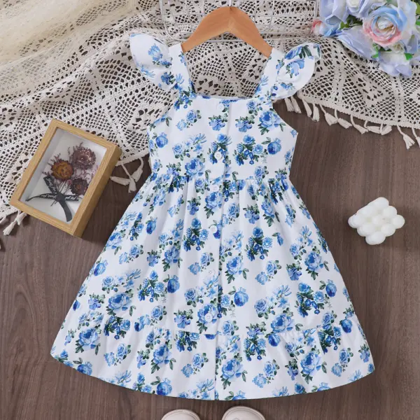 【2Y-7Y】Girls Sweet Floral Ruffle Square Neck Dress - Popopieshop.com 