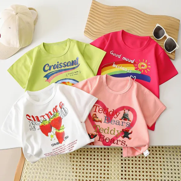 【6M-8Y】Kids Casual Cute Cartoon Printed Rainbow And Heart Shape And Letter Printed Short Sleeve T-shirt - Popopieshop.com 