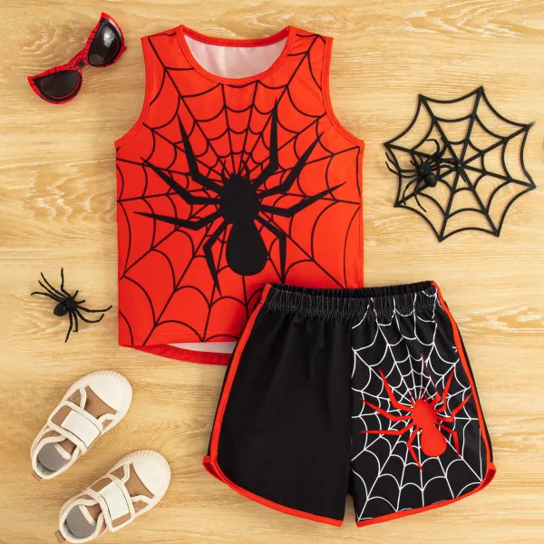 【2Y-7Y】2-piece Boys Casual Spider Print Red Tank Top And Black Shorts Set - Popopieshop.com 
