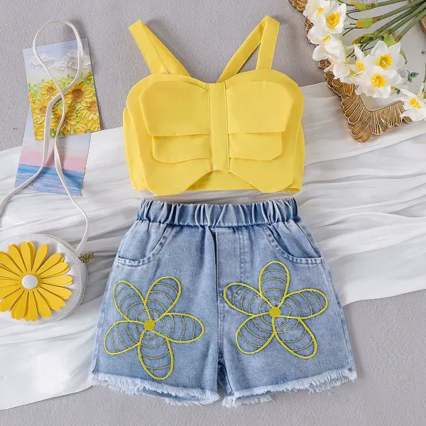 【2Y-7Y】2-piece Girls Fashion Butterfly Tank Top And Flower Embroidered Denim Shorts Set - Popopieshop.com 