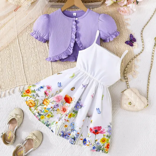 【3Y-8Y】2-piece Girls Sweet Floral And Butterfly Print Halter Dress And Purple Ruffle Cardigan Set - Popopieshop.com 