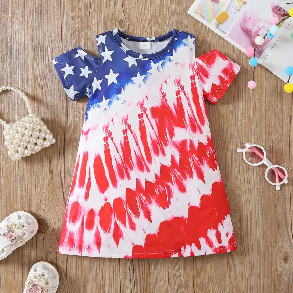 【1Y-8Y】Girls Casual Fashion Star Flag Print Cold Shoulder Dress - Popopie.com 
