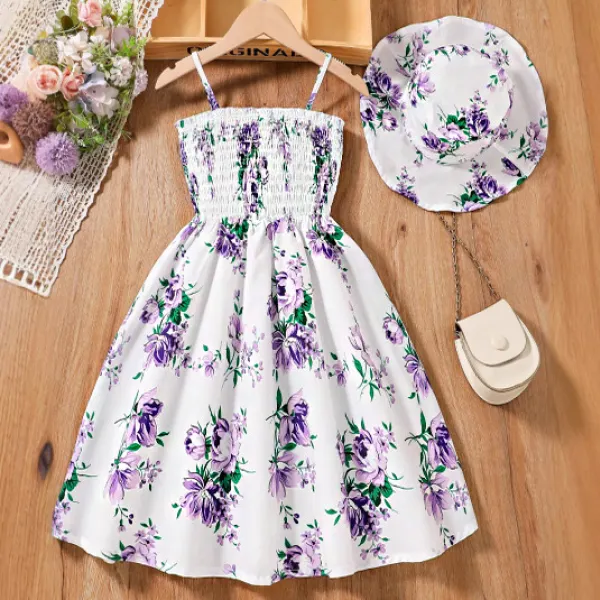 【5Y-15Y】2-piece Girls Sweet Fashion Purple Floral Print Halter Dress With Hat - Popopieshop.com 