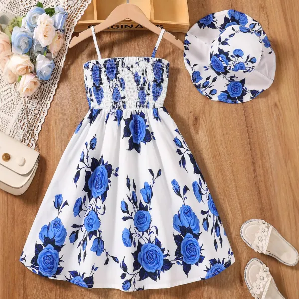 【5Y-15Y】2-piece Girls Sweet Fashion Blue Floral Print Halter Dress With Hat - Popopieshop.com 