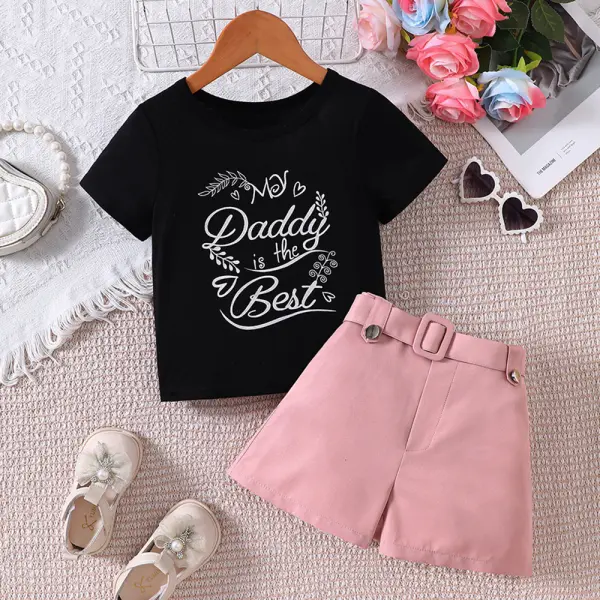 【18M-6Y】2-piece Girls Sweet Letter Print Short Sleeve T-shirt And Shorts Set With Belt - Popopieshop.com 