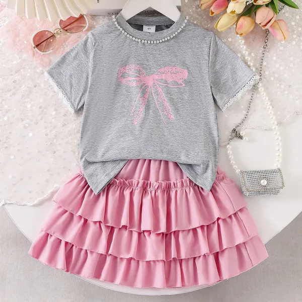 【3Y-7Y】2-piece Girls Sweet Bow Printed Gray T-shirt And Pink Skirt Set - Popopieshop.com 
