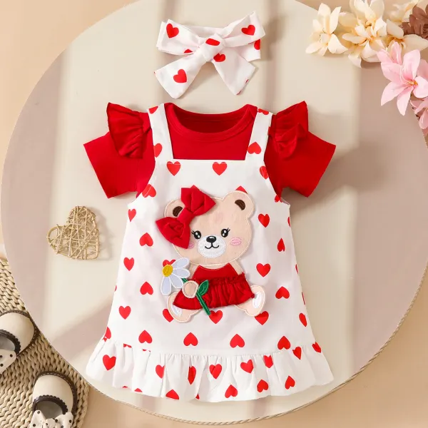 【0M-18M】3-piece Girls Cute Short Sleeve Romper And Flower Bear Embroidered Heart Shape Printed Dress Set With Hairband - Popopieshop.com 