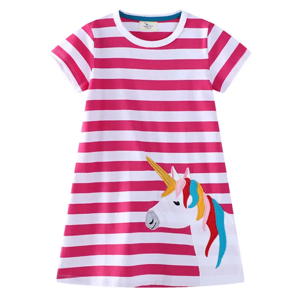 【1Y-7Y】Girls Striped Unicorn Print Short Sleeve Dress - Popopieshop.com 