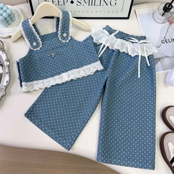 【18M-8Y】2-piece Girls Lace Polka Dot Vest And Jeans Set - Popopieshop.com 