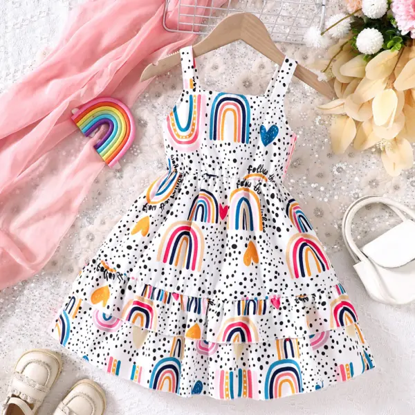 【2Y-7Y】Girls Sweet Holiday Rainbow Printed Suspender Dress - Popopieshop.com 