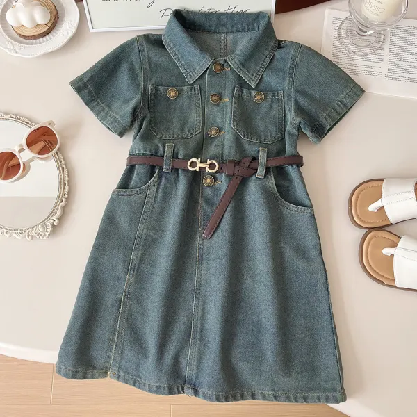 【18M-8Y】Girls Denim Short Sleeve Dress (Free Belt) - Popopieshop.com 