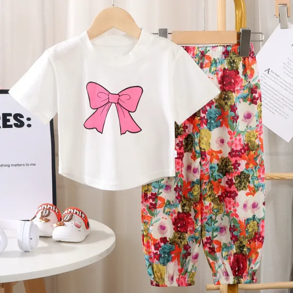 【18M-10Y】2-piece Girls Cute And Stylish Bow Printed Short Sleeve T-shirt And Pants Set - Popopieshop.com 
