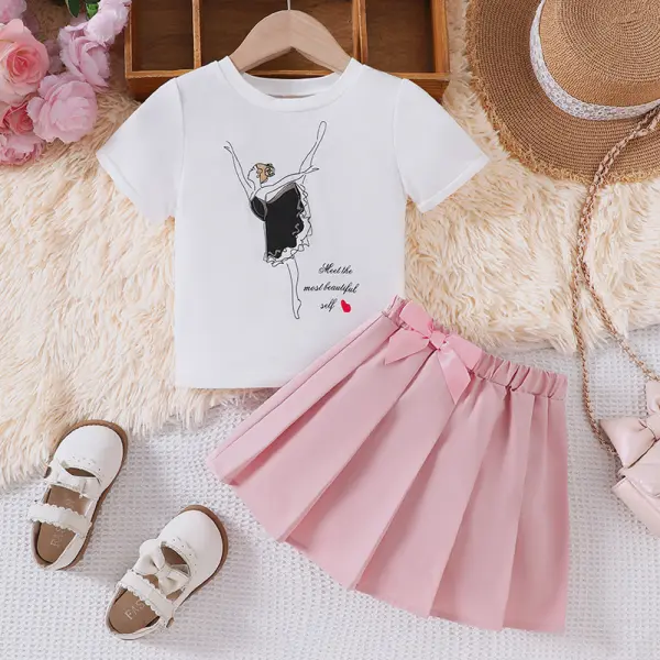 【18M-6Y】2-piece Girls Sweet Ballerina Girl Print Short Sleeve T-shirt And Pleated Skirt Set - Popopieshop.com 