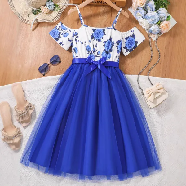 【5Y-15Y】Girls Sweet Blue Floral Printed Off The Shoulder Dress - Popopieshop.com 