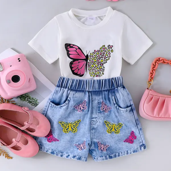 【2Y-7Y】2-piece Girls Fashion Butterfly Print Short Sleeve T-shirt And Butterfly Embroidery Denim Shorts Set - Popopieshop.com 