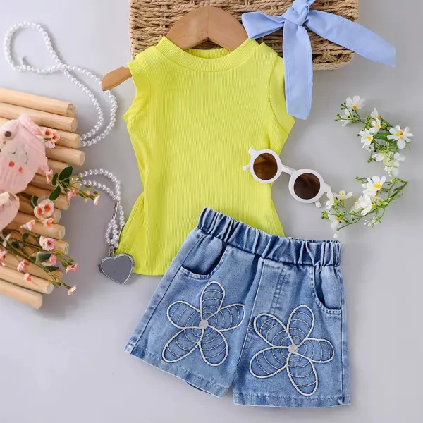 【2Y-7Y】2-piece Girls Fashion Yellow Vest And Flower Embroidery Denim Shorts Set - Popopieshop.com 