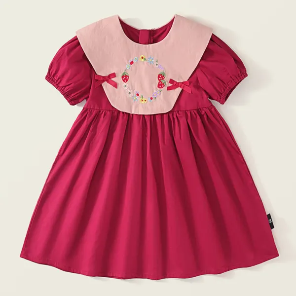 【18M-8Y】Girls Floral Strawberry Embroidered Short Sleeve Dress - Popopieshop.com 