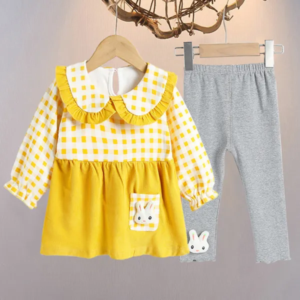 【9M-3Y】2-piece Girl Plaid Bunny Applique Long Sleeve T-shirt And Leggings Set - Popopieshop.com 
