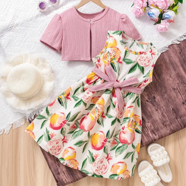 【7Y-12Y】2-piece Girls Pink Floral Sleeveless Dress And Cardigan Set - Popopieshop.com 