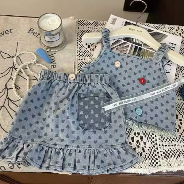 【18M-8Y】2-piece Girls Heart Print Denim Top And Skirt Set - Popopieshop.com 