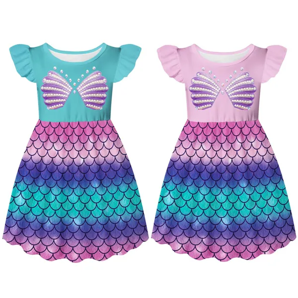 【2Y-8Y】Girls Mermaid Print Short Sleeve Dress - Popopieshop.com 