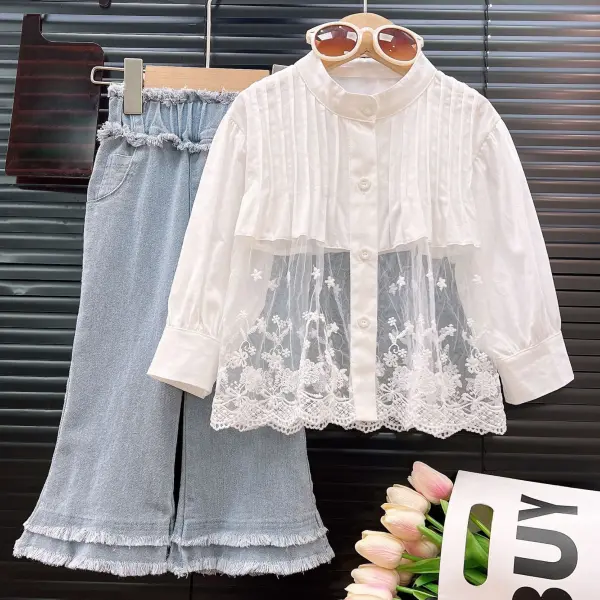 【2Y-8Y】2-piece Girls Sweet Lace Stitching Long Sleeve Shirt And Washing Water Denim Flared Pants Set - Popopieshop.com 