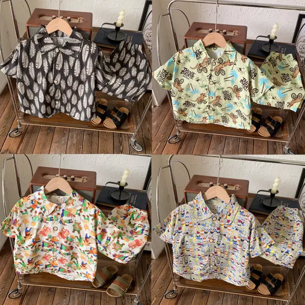 【12M-8Y】2-piece Boy Casual Cartoon Printed Multicolor Short-sleeved Shirt And Shorts Suit - Popopieshop.com 