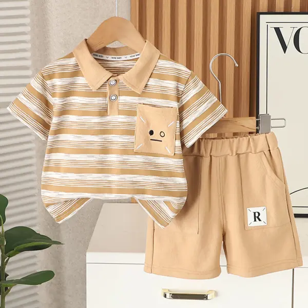 【12M-5Y】2-piece Boys Casual Striped Colorblock Lapel POLO And Shorts Suit - Popopieshop.com 