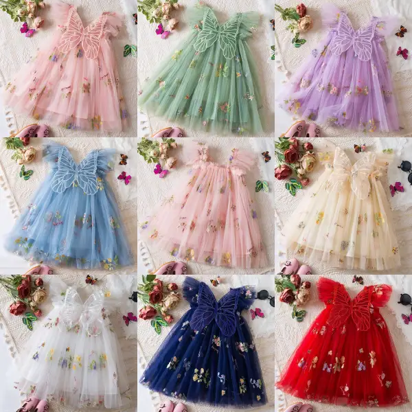 【12M-5Y】Girls Floral Embroidered Mesh Butterfly Wings Dress - Popopieshop.com 