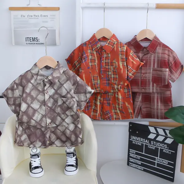 【12M-6Y】2-piece Boy Casual Plaid Cartoon Printed Multicolor Short-sleeved Shirt And Shorts Suit - Popopieshop.com 