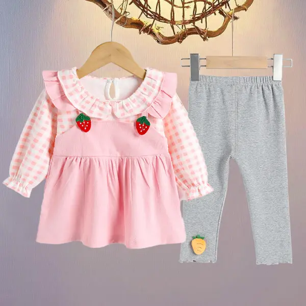 【9M-3Y】2-piece Girl Plaid Strawberry Applique Long Sleeve T-shirt And Leggings Set - Popopieshop.com 