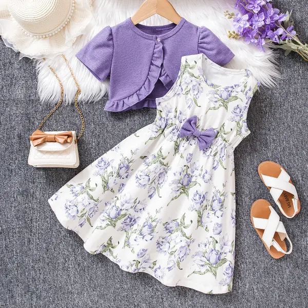 【3Y-7Y】2-piece Girls Purple Floral Sleeveless Dress And Cardigan Set - Popopieshop.com 