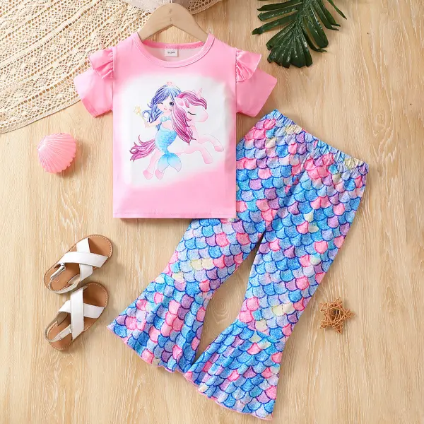 【18M-6Y】2-piece Girls Cute Mermaid Unicorn Print Short Sleeve T-shirt And Flared Pants Set - Popopieshop.com 