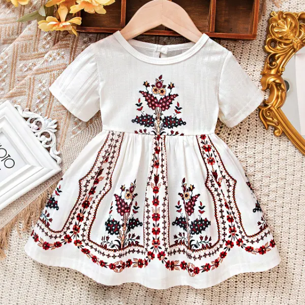 【9M-3Y】Girls Cute Floral Print White Short Sleeve Dress - Popopieshop.com 