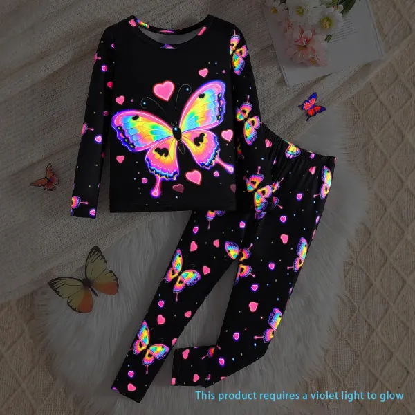 【2Y-7Y】2-piece Girls Sweet And Cute Luminous Butterfly Print Loungewear Set - Popopieshop.com 