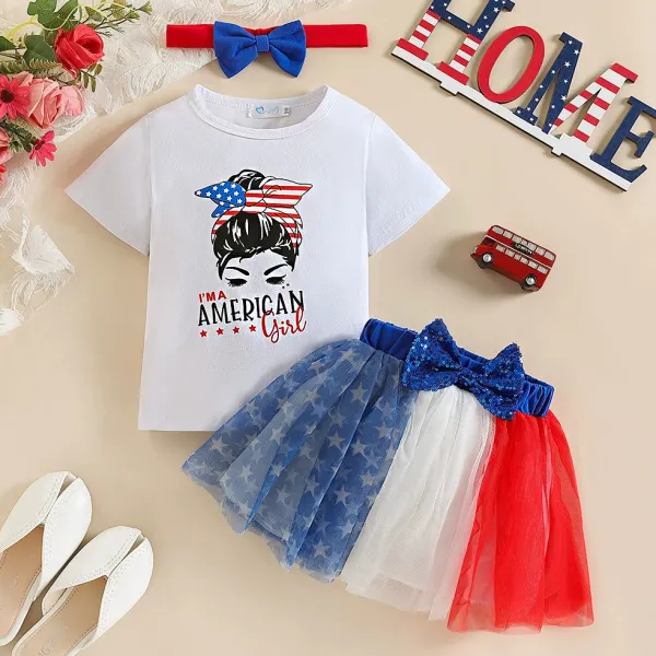 【18M-6Y】3-piece Girls Independence Day Cartoon And Letter Print White T-shirt And Star Mesh Skirt Set With Bow Hairband - Popopieshop.com 