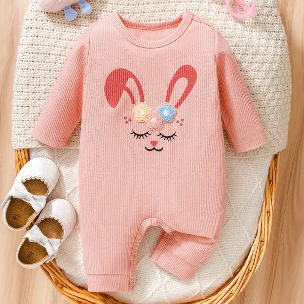 【0M-9M】Baby Girl Pink Bunny Printed Embroidered Long Sleeve Romper - Popopieshop.com 