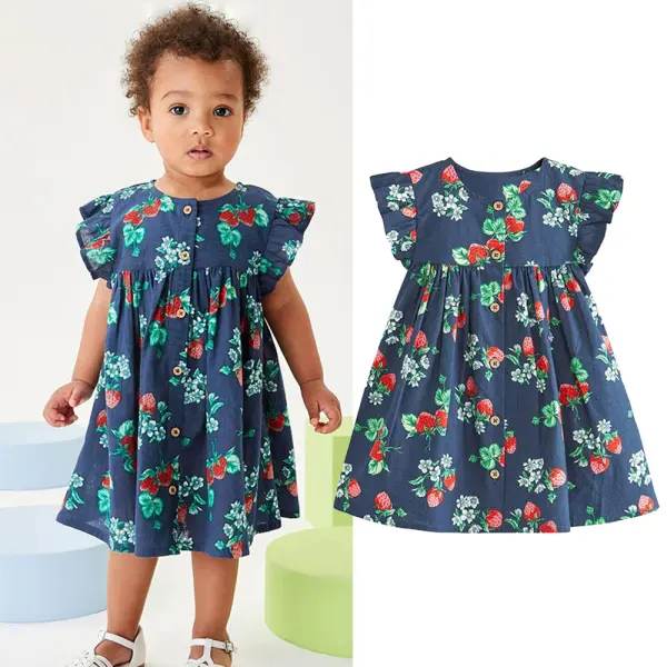 【2Y-10Y】Girls Sweet Cotton Plus Size Strawberry Printed Ruffle Dress - Popopieshop.com 