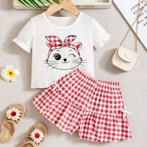 【6M-3Y】2-piece Girls White Cat Print Short Sleeve T-shirt And Plaid Shorts Set - Popopieshop.com 