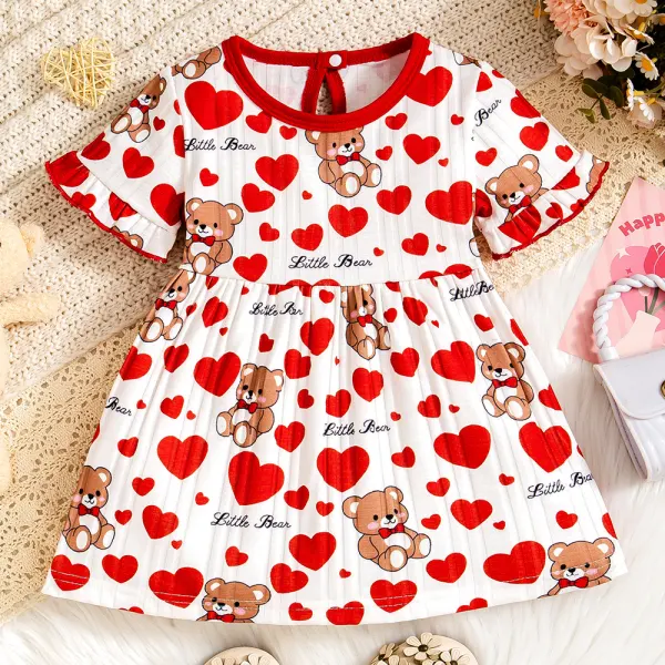 【9M-3Y】Girls Red Heart Bear Print Short Sleeve Dress - Popopieshop.com 