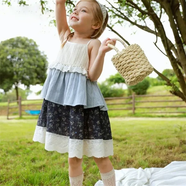 【12M-8Y】Girls Sweet Floral Print Halter Vintage Patchwork Dress - Popopieshop.com 