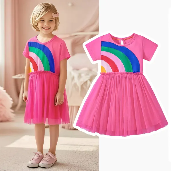 【1Y-7Y】Girls Sweet And Cute Rainbow Embroidered Rose Pink Short Sleeve Dress - Popopieshop.com 
