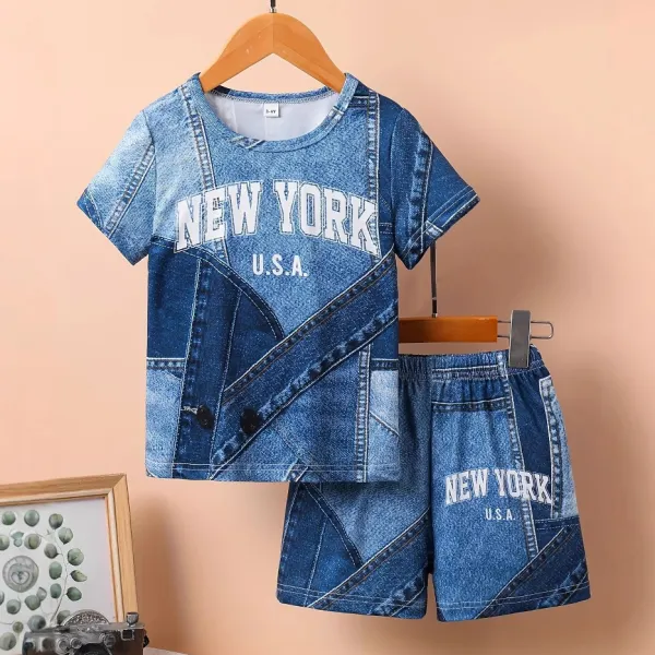 【1Y-6Y】2-piece Boys Casual Letter Print Blue Short Sleeve T-shirt And Shorts Set - Popopieshop.com 