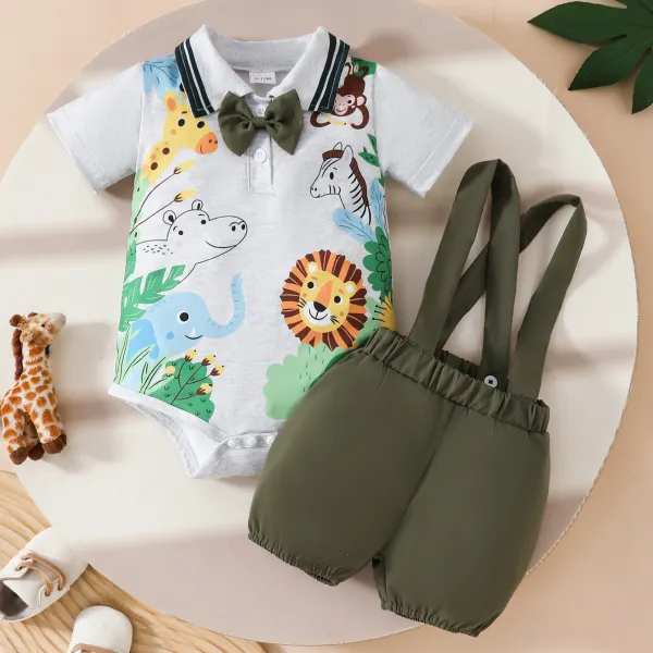 【0M-18M】2-piece Baby Boys Cute Cartoon Animal Print Gray Polo Romper And Army Green Shorts Set - Popopieshop.com 