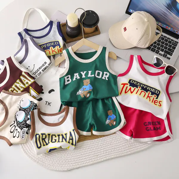 【12M-10Y】2-piece Boys Casual Sports Cartoon Printe Vest And Shorts Set - Popopieshop.com 