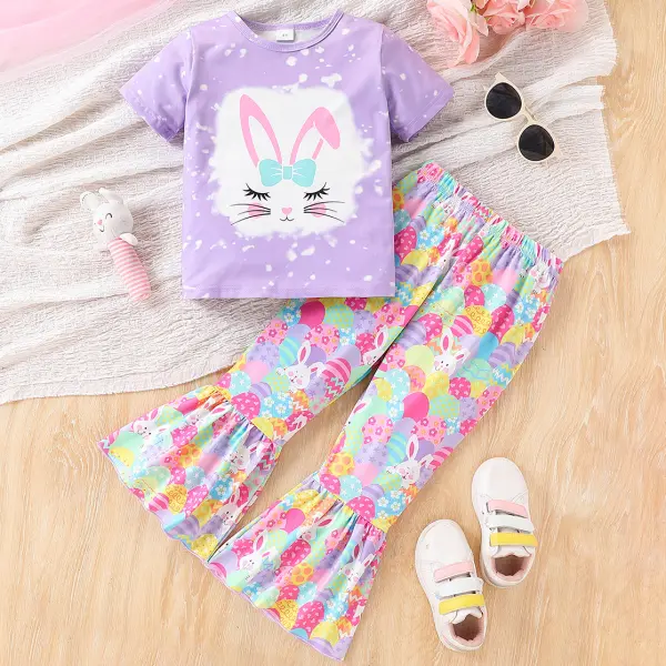 【3Y-7Y】2-piece Girls Sweet Bunny Elf Print Short Sleeve T-shirt And Flared Pants Set - Popopieshop.com 