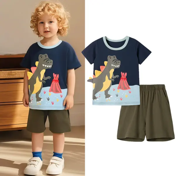 【18M-7Y】2-piece Boys Casual Cotton Dinosaur Embroidered Short Sleeve T-shirt And Shorts Set - Popopieshop.com 