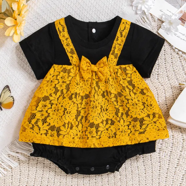 【0M-12M】Baby Girl Black Lace Short Sleeve Romper - Popopieshop.com 