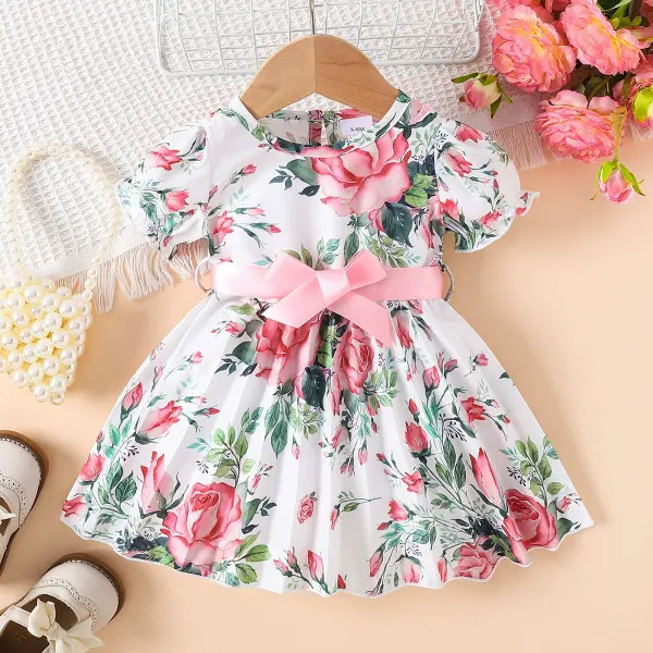 【3M-24M】Baby Girl Sweet Floral Print Puff Sleeve Dress - Popopieshop.com 